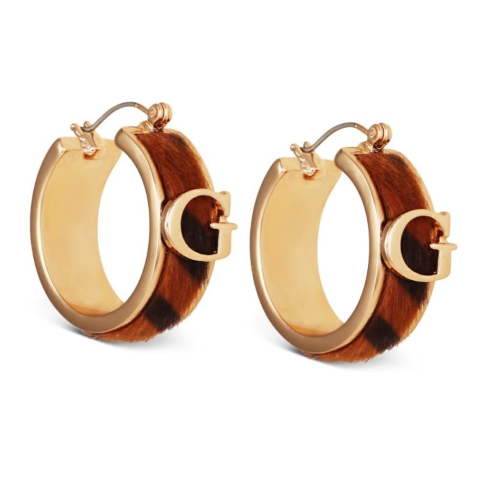 NWT Guess Gold-Tone Medium Animal-Print Faux Hair Logo Hoop Earrings, 1.5"